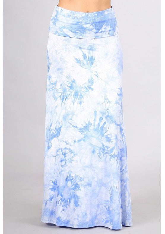 USA Made Ladies Super Soft Sky Blue Tie Dye Full Length Maxi Skirt with Fold Over Waist | Made in USA | Classy Cozy Cool Women&