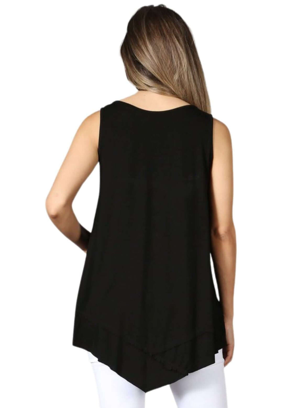 USA Made Ladies Black Sleeveless V-Neck Asymmetrical Top | Chatoyant Style C11307 | Classy Cozy Cool Women's American Made Boutique