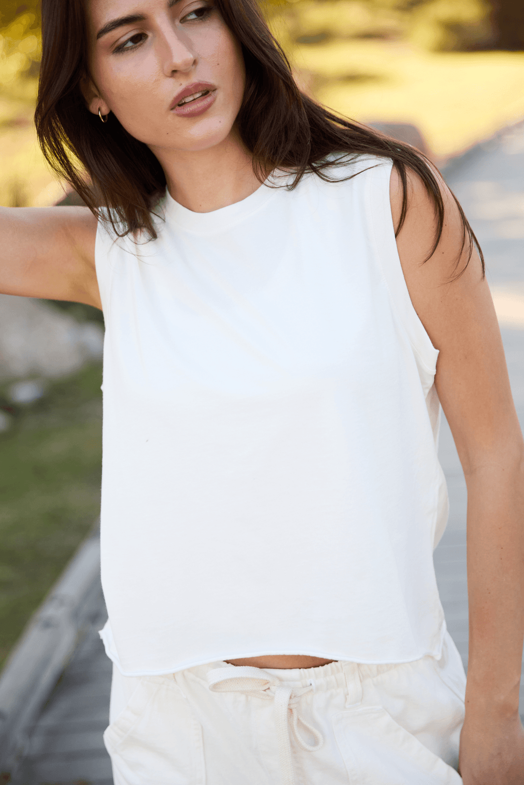 Ana Tank by People of Leisure — 100% organic cotton, relaxed fit, sleeveless in 6 colors. Ethically made in LA. Sizes XS–XL.