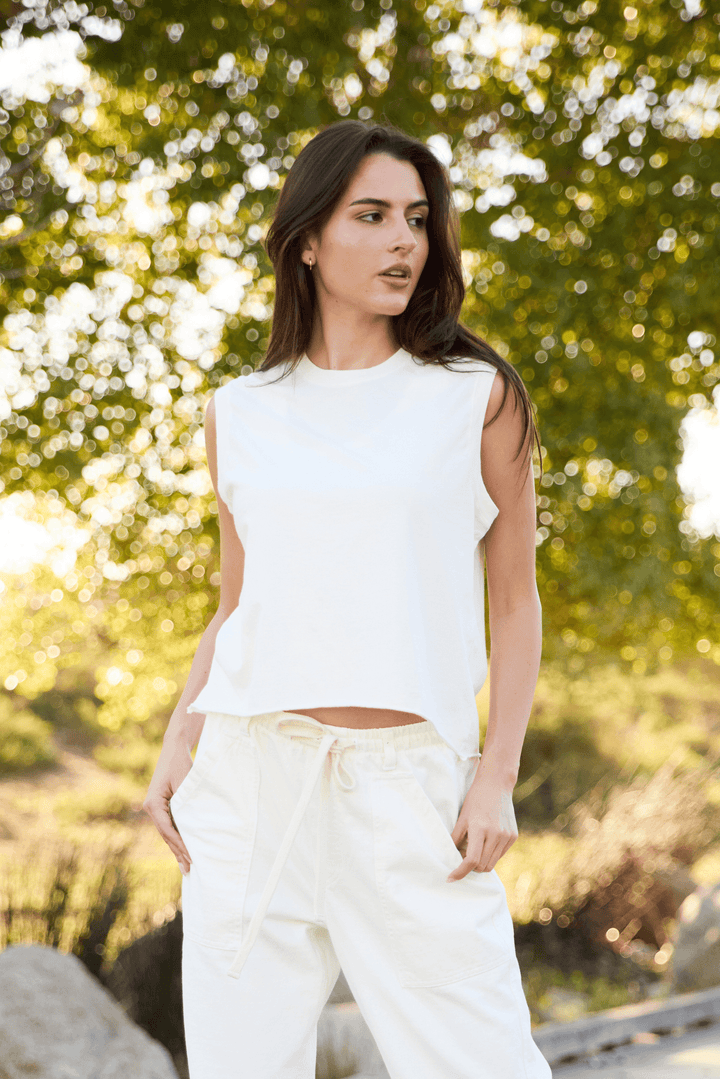 Ana Tank by People of Leisure — 100% organic cotton, relaxed fit, sleeveless in 6 colors. Ethically made in LA. Sizes XS–XL.