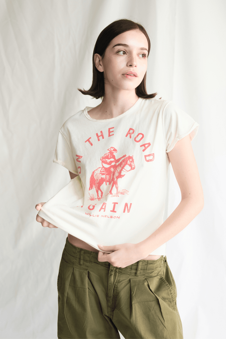 Willie Nelson On The Road Again Tee by People of Leisure — 100% cotton graphic tee in Vanilla. Made in LA. Sizes XS–XL