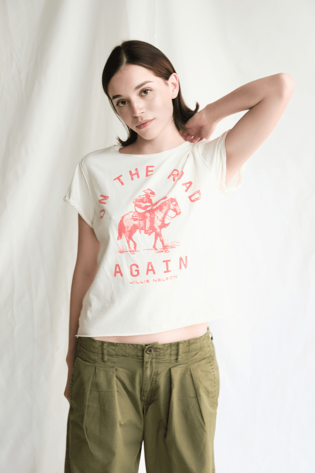 Willie Nelson On The Road Again Tee by People of Leisure — 100% cotton graphic tee in Vanilla. Made in LA. Sizes XS–XL