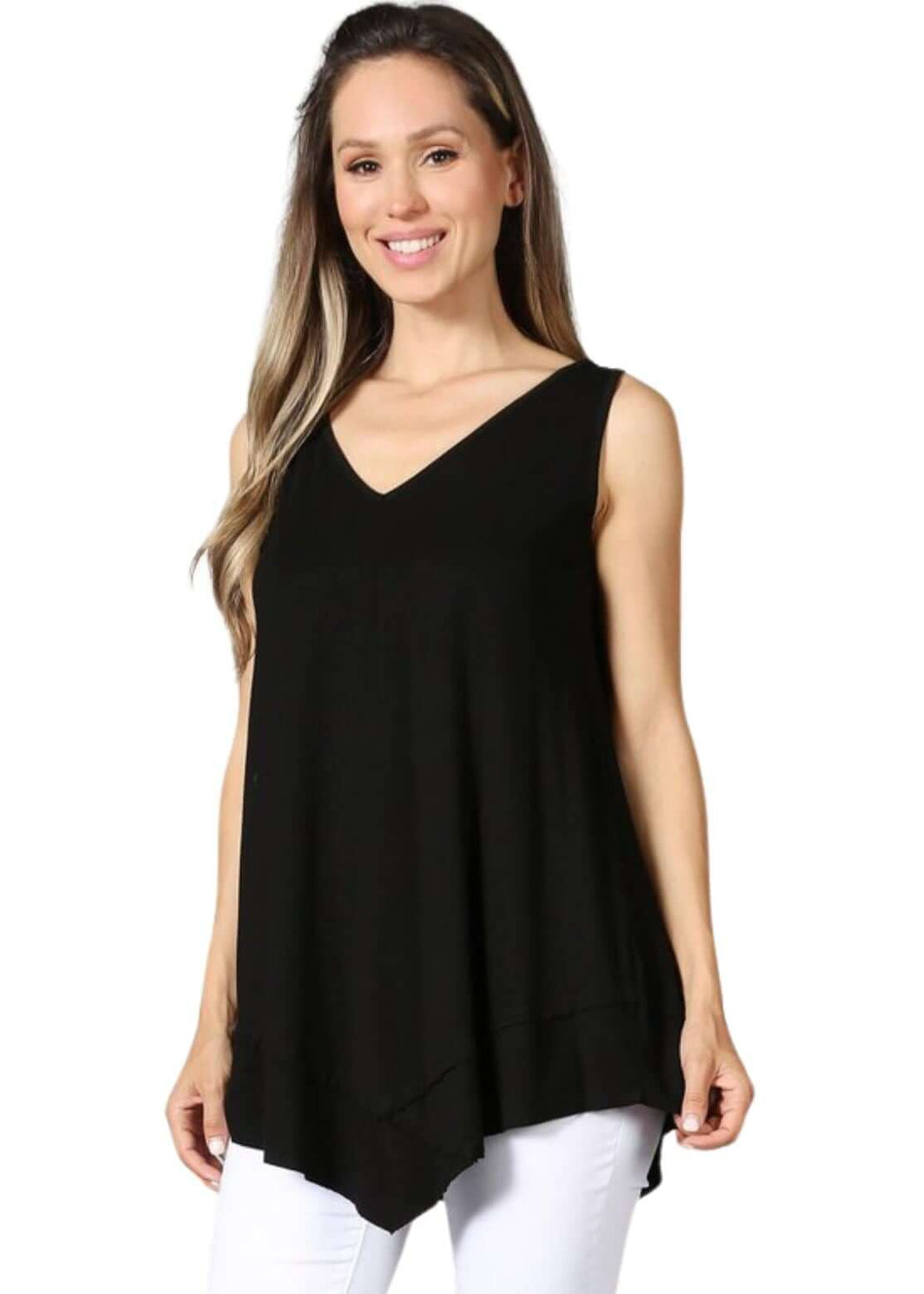 USA Made Ladies Black Sleeveless V-Neck Asymmetrical Top | Chatoyant Style C11307 | Classy Cozy Cool Women&