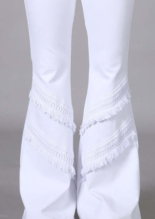 Made in USA White Flare Pants with Fringe Detail Mid Rise Pants, Crochet &amp; Fringe Accents, Fitted and Flared Style, USA made Cotton | Classy Cozy Cool Made in America Boutique