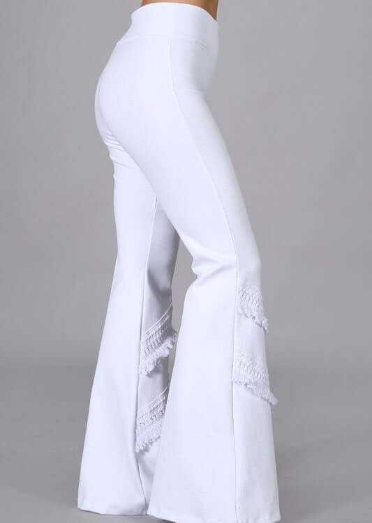 Made in USA White Flare Pants with Fringe Detail Mid Rise Pants, Crochet &amp; Fringe Accents, Fitted and Flared Style, USA made Cotton | Classy Cozy Cool Made in America Boutique