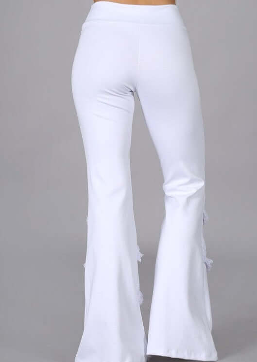 Made in USA White Flare Pants with Fringe Detail Mid Rise Pants, Crochet &amp; Fringe Accents, Fitted and Flared Style, USA made Cotton | Classy Cozy Cool Made in America Boutique
