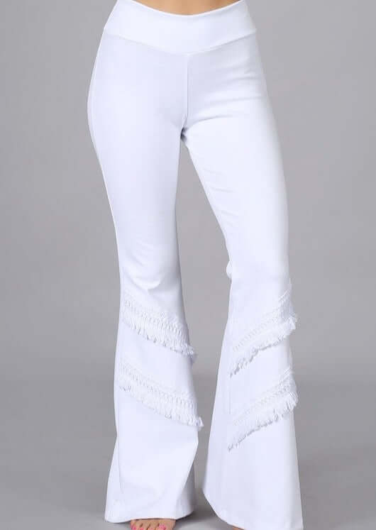 Made in USA White Flare Pants with Fringe Detail Mid Rise Pants, Crochet &amp; Fringe Accents, Fitted and Flared Style, USA made Cotton | Classy Cozy Cool Made in America Boutique