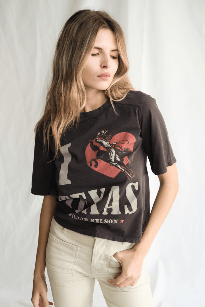 Willie Nelson I Love Texas Top by People of Leisure — 100% cotton graphic tee in Vintage Black. Made in LA. Sizes XS–X