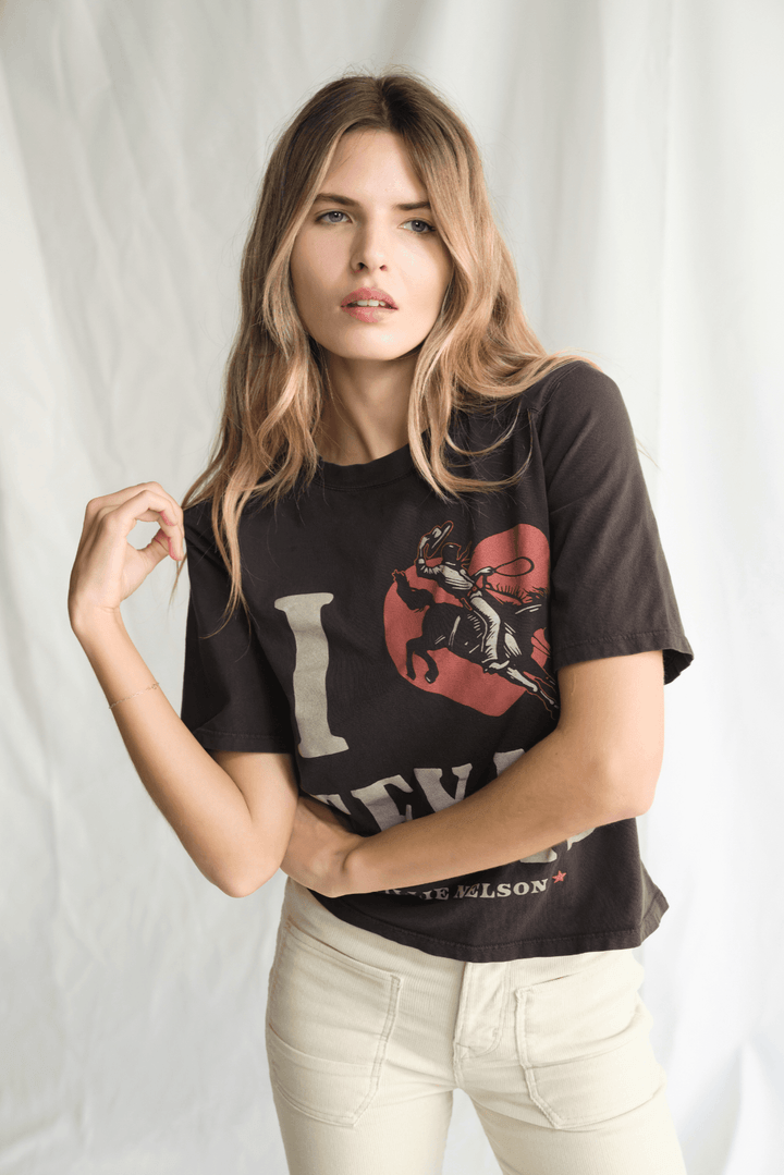 Willie Nelson I Love Texas Top by People of Leisure — 100% cotton graphic tee in Vintage Black. Made in LA. Sizes XS–X