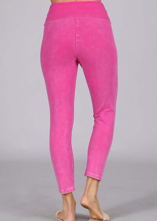 Made in USA Fuchsia Mineral Washed Pull On Capri Leggings Tummy control wide fold-over waistband | Classy Cozy Cool Women&