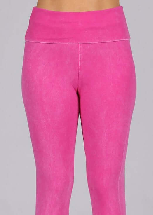 Made in USA Fuchsia Mineral Washed Pull On Capri Leggings Tummy control wide fold-over waistband | Classy Cozy Cool Women&