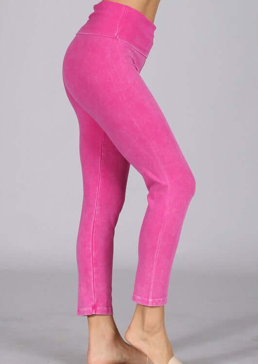 Made in USA Fuchsia Mineral Washed Pull On Capri Leggings Tummy control wide fold-over waistband | Classy Cozy Cool Women&