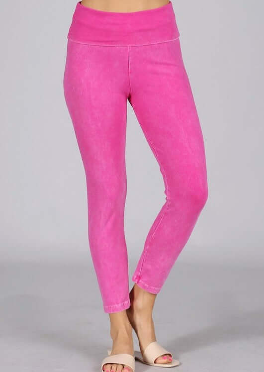 Made in USA Fuchsia Mineral Washed Pull On Capri Leggings Tummy control wide fold-over waistband | Classy Cozy Cool Women&
