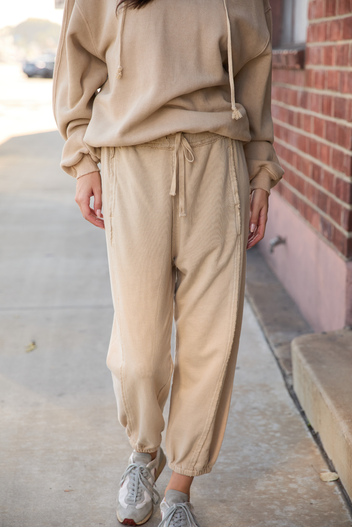 Shop the Sunday Morning Joggers in Olive &amp; Sand — soft 100% cotton joggers with a relaxed fit. Perfect for lounging or casual wear. Sizes XS–L.