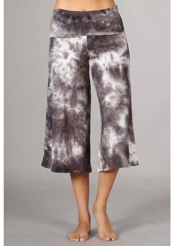 Ladies Super Soft Mocha Tie Dyed Fold Over Waist Gaucho Pants | Made in USA | Chatoyant Style