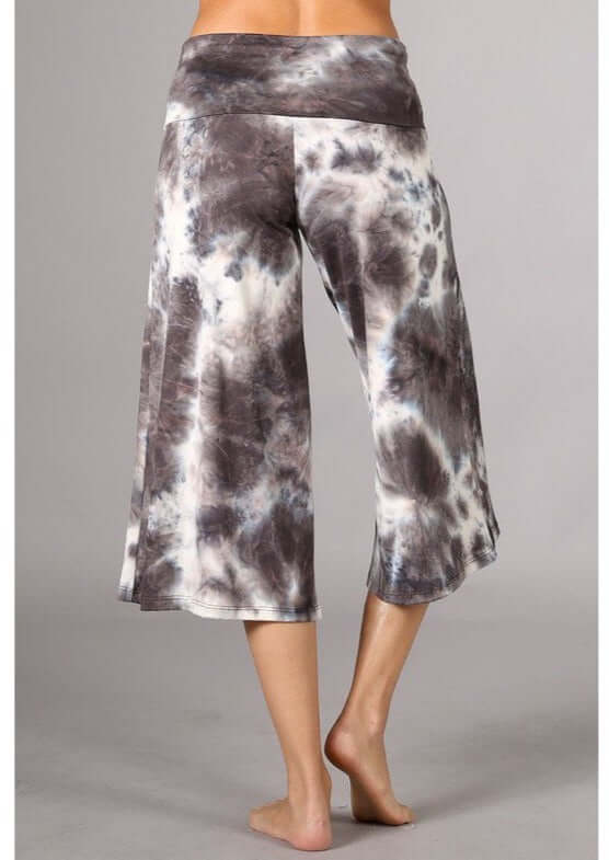 Ladies Super Soft Mocha Tie Dyed Fold Over Waist Gaucho Pants | Made in USA | Chatoyant Style