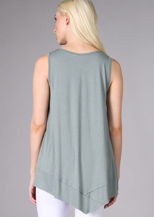 USA Made Ladies Light Sage Sleeveless V-Neck Asymmetrical Top | Chatoyant Style C11307 | Classy Cozy Cool Women&