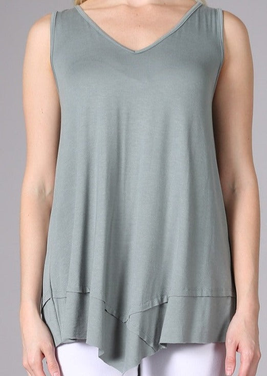 USA Made Ladies Light Sage Sleeveless V-Neck Asymmetrical Top | Chatoyant Style C11307 | Classy Cozy Cool Women&