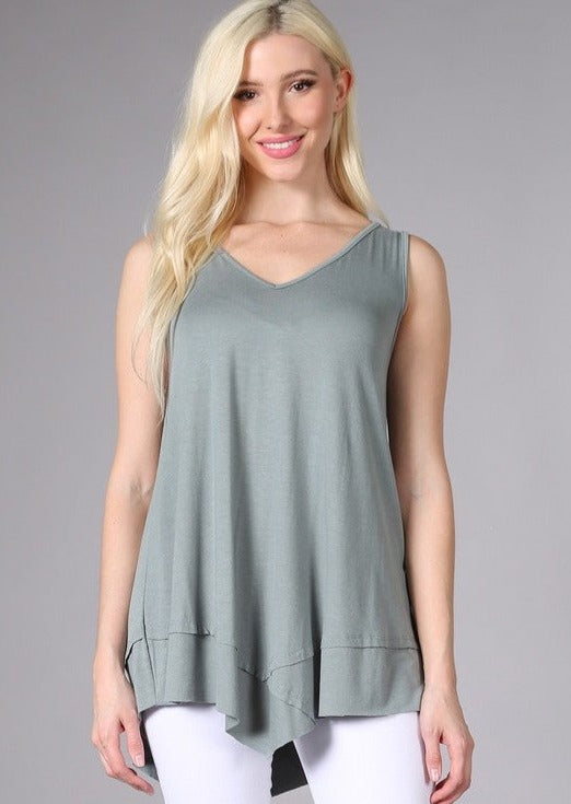 USA Made Ladies Light Sage Sleeveless V-Neck Asymmetrical Top | Chatoyant Style C11307 | Classy Cozy Cool Women&