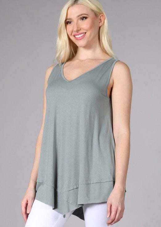 USA Made Ladies Light Sage Sleeveless V-Neck Asymmetrical Top | Chatoyant Style C11307 | Classy Cozy Cool Women&