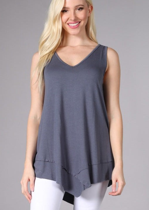 USA Made Ladies Slate Grey Sleeveless V-Neck Asymmetrical Top | Chatoyant Style C11307 | Classy Cozy Cool Women&