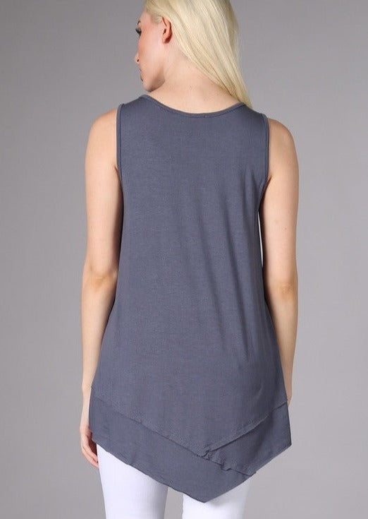 USA Made Ladies Slate Grey Sleeveless V-Neck Asymmetrical Top | Chatoyant Style C11307 | Classy Cozy Cool Women&