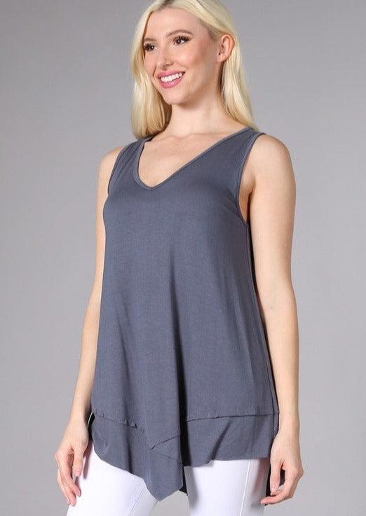 USA Made Ladies Slate Grey Sleeveless V-Neck Asymmetrical Top | Chatoyant Style C11307 | Classy Cozy Cool Women&