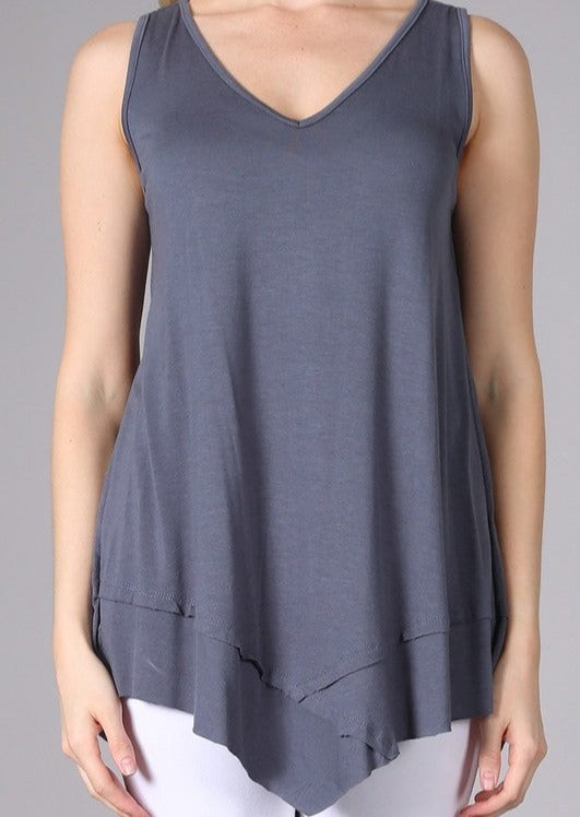 USA Made Ladies Slate Grey Sleeveless V-Neck Asymmetrical Top | Chatoyant Style C11307 | Classy Cozy Cool Women&