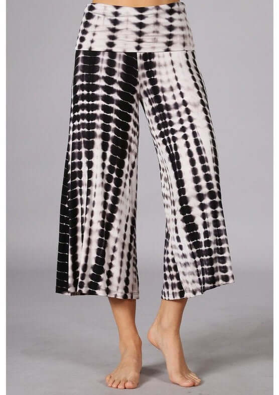 Ladies Super Soft Black &amp; White Dyed Fold Over Waist Gaucho Pants | Made in USA | Chatoyant Style