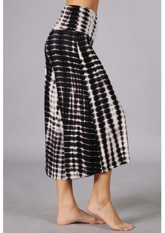 Ladies Super Soft Black &amp; White Dyed Fold Over Waist Gaucho Pants | Made in USA | Chatoyant Style