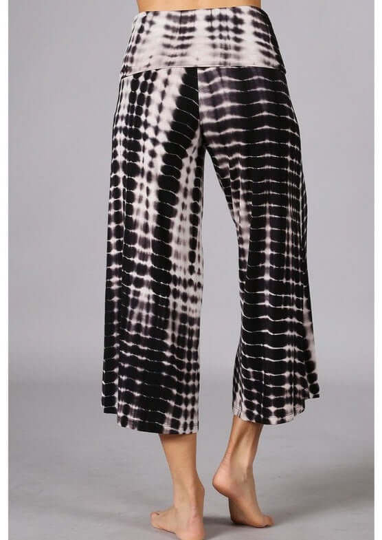 Ladies Plus Size Super Soft Black &amp; White Dyed Fold Over Waist Gaucho Pants | Made in USA | Chatoyant Style
