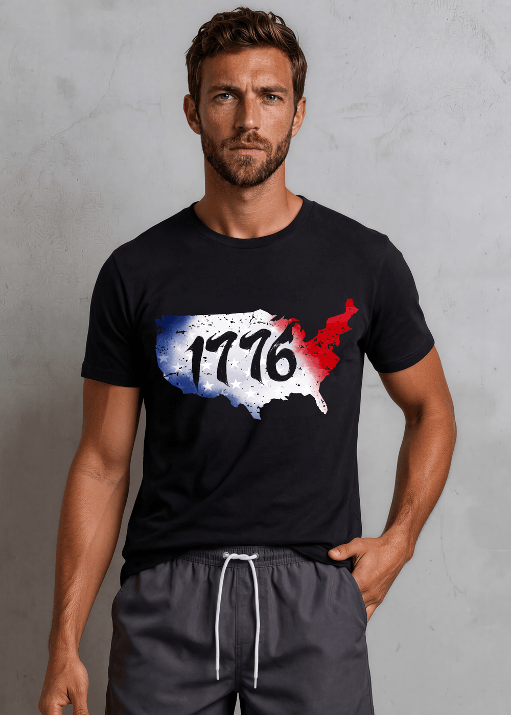 Men's 1776 USA map graphic tee in Black. Distressed red, white & blue print. Made in USA, 100% ring-spun cotton, relaxed unisex fit. Perfect for 4th of July.