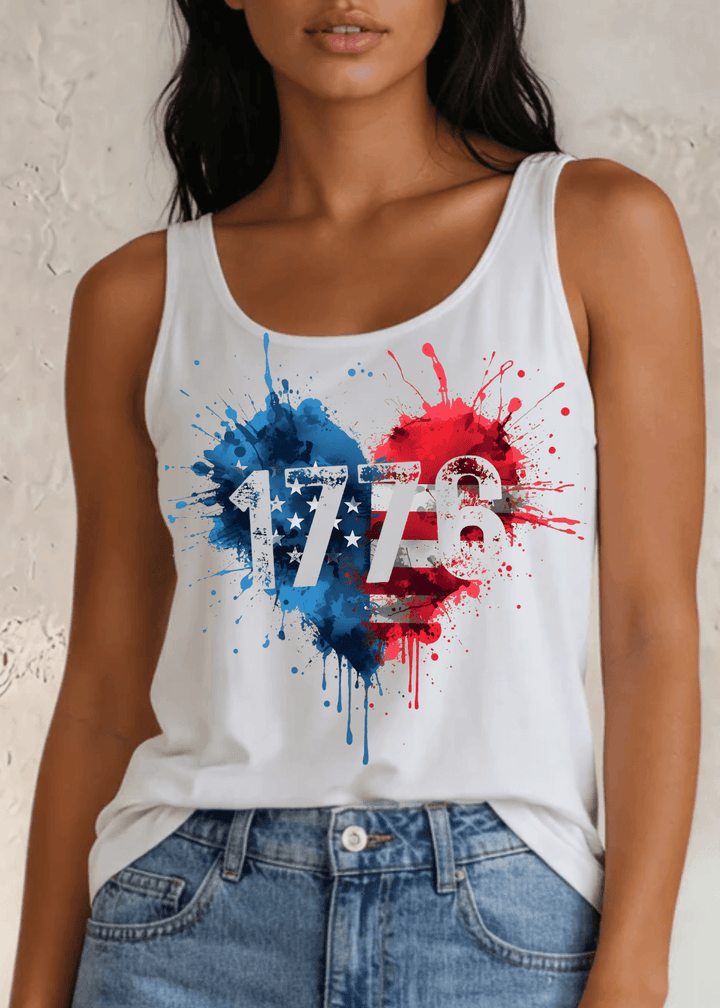 Celebrate your American pride in this 1776 Paint Splatter Heart Graphic Tank Top Made in USA with USA Grown Cotton. Soft, breathable 95% cotton 5% spandex. 