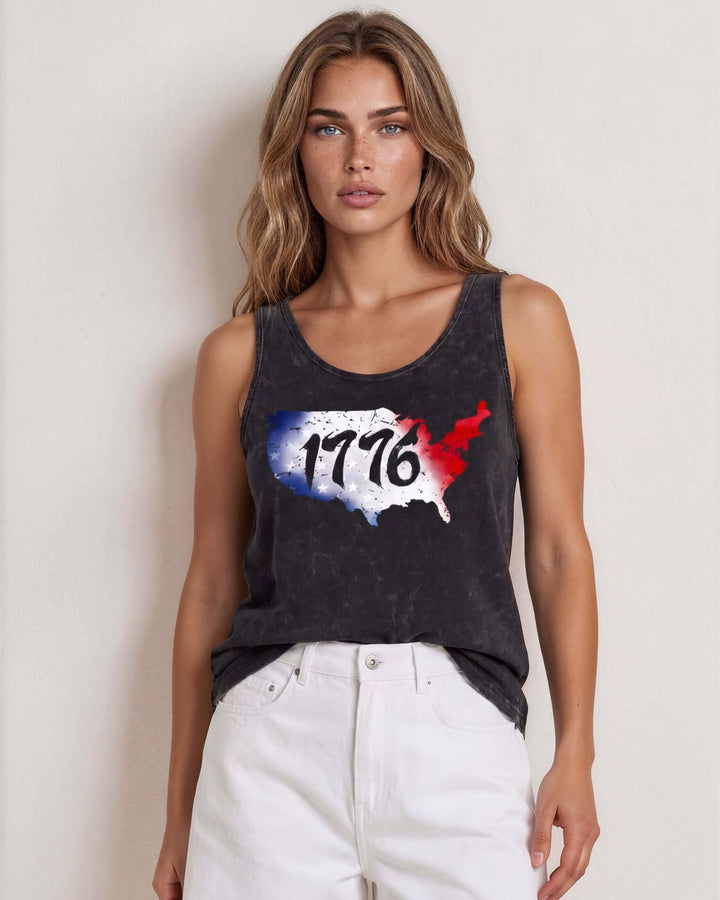 Distressed USA map graphic tank with 1776 cut-out, red white &amp; blue stars. Made in USA, mineral-washed, loose fit, 95% cotton. Perfect for 4th of July.