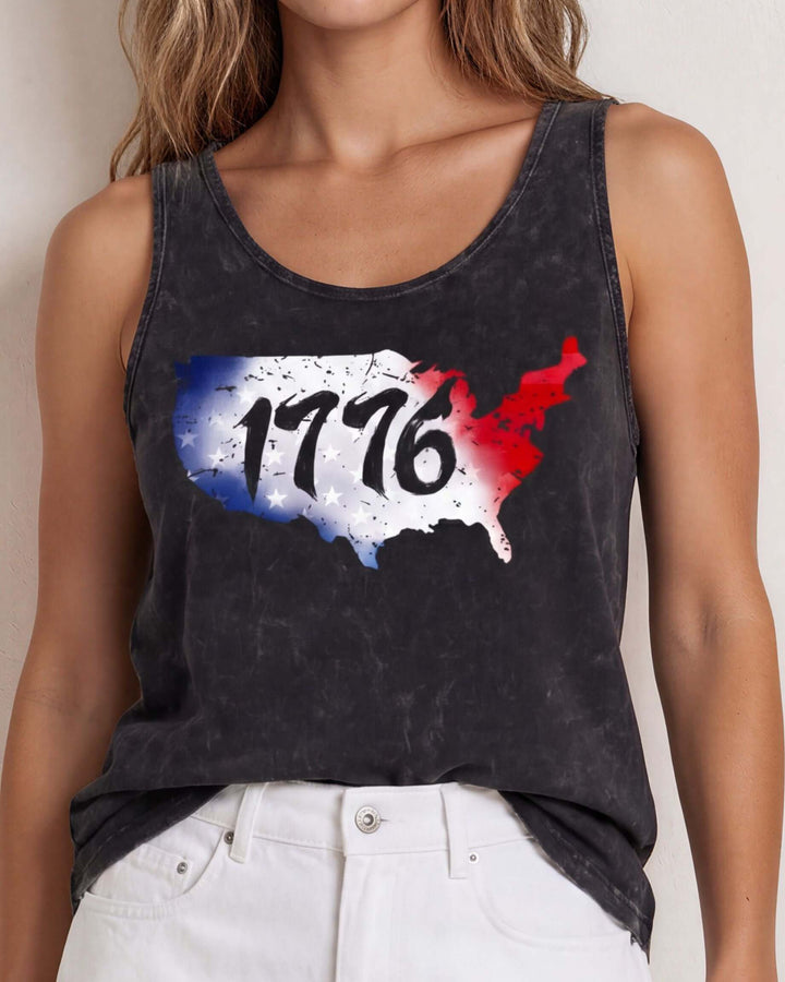 Distressed USA map graphic tank with 1776 cut-out, red white &amp; blue stars. Made in USA, mineral-washed, loose fit, 95% cotton. Perfect for 4th of July.