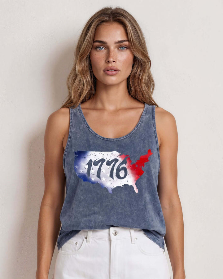 Distressed USA map graphic tank with 1776 cut-out, red white &amp; blue stars. Made in USA, mineral-washed, loose fit, 95% cotton. Perfect for 4th of July.