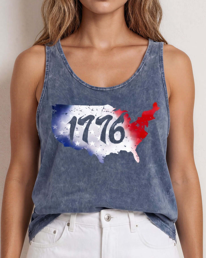 Distressed USA map graphic tank with 1776 cut-out, red white &amp; blue stars. Made in USA, mineral-washed, loose fit, 95% cotton. Perfect for 4th of July.