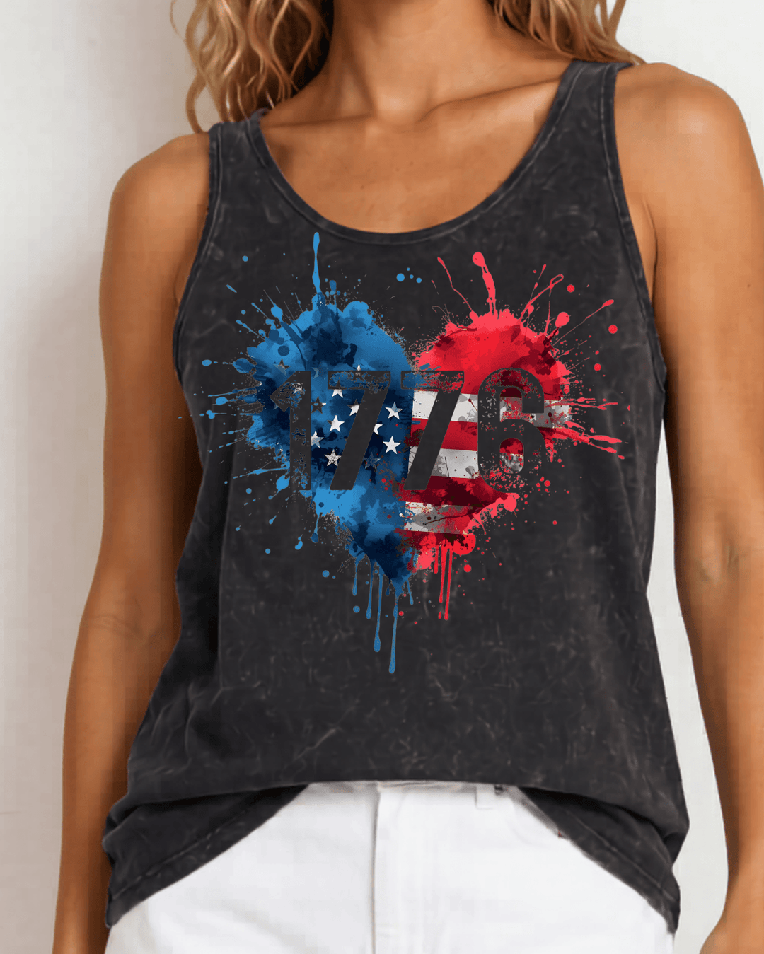 Celebrate your American pride in this 1776 Paint Splatter Heart Graphic Tank Top Made in USA with USA Grown Cotton. Soft, breathable 95% cotton 5% spandex. 