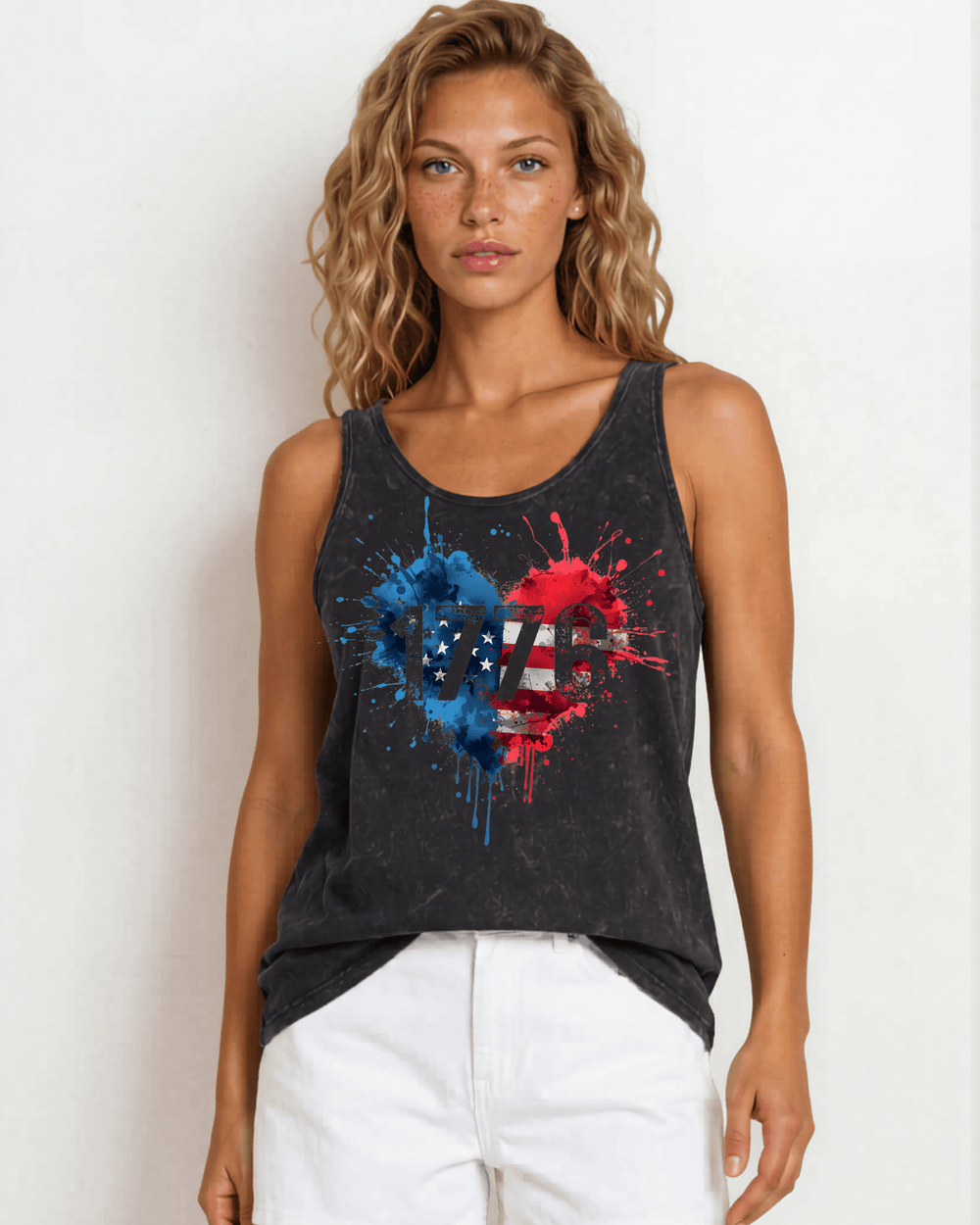 Celebrate your American pride in this 1776 Paint Splatter Heart Graphic Tank Top Made in USA with USA Grown Cotton. Soft, breathable 95% cotton 5% spandex. 