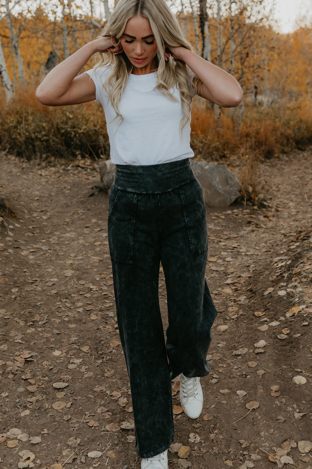 Shop The Comfy Pant by People of Leisure — organic cotton blend in Blue &amp; Black. Relaxed fit, ethically made in LA. Sizes S–XL.