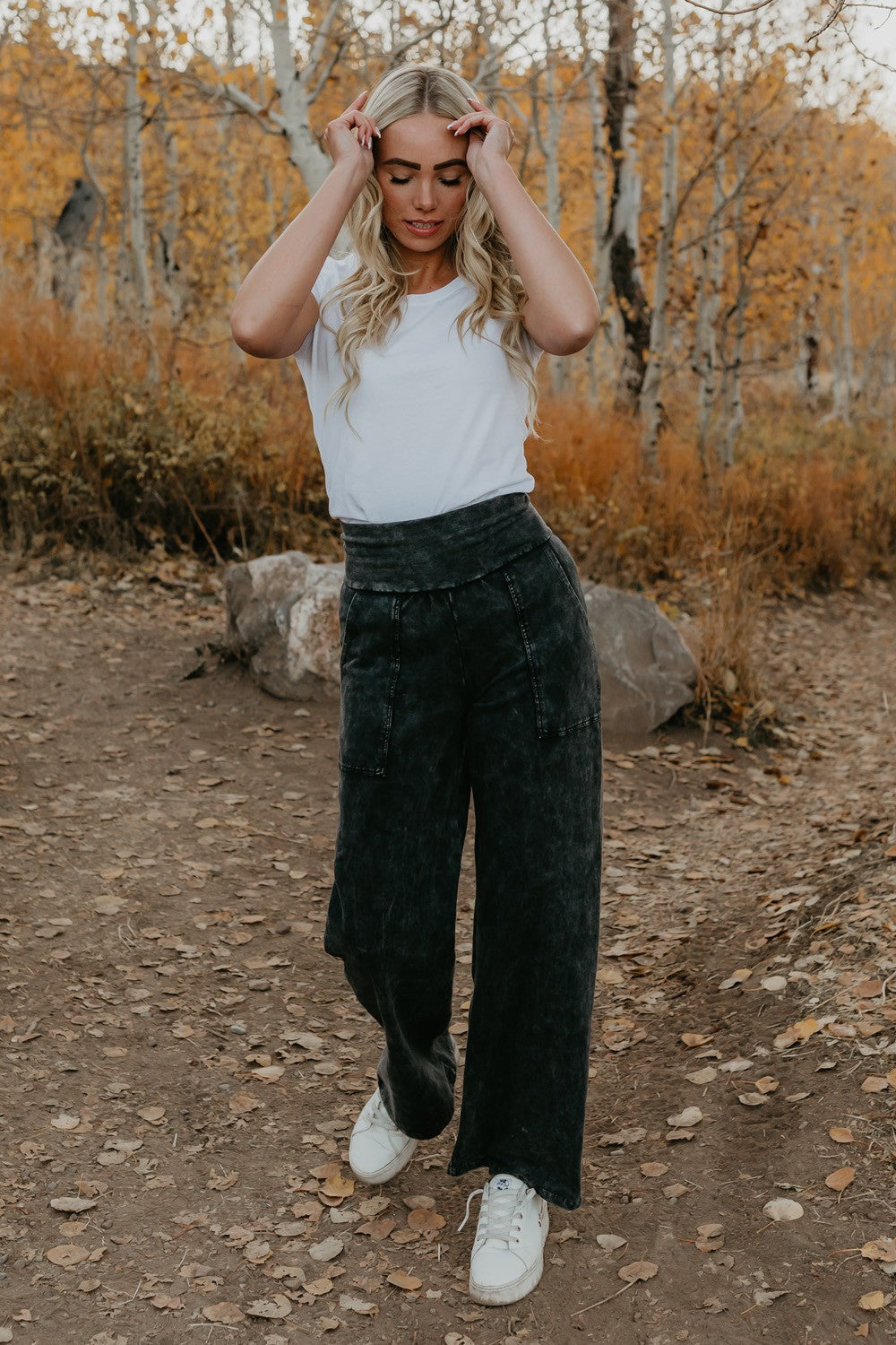 Shop The Comfy Pant by People of Leisure — organic cotton blend in Blue &amp; Black. Relaxed fit, ethically made in LA. Sizes S–XL.