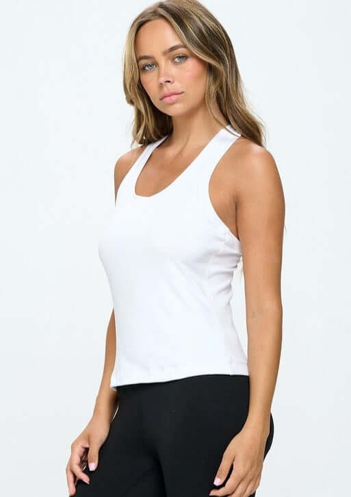 USA Made Ladies Racer Back Performance Essential Tank Top in White | Knit Riot  Style
