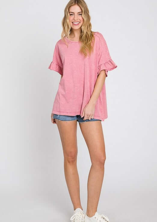 USA Made Premium 100% Cotton Super Soft Mineral Washed Oversized Ladies Tee with   Ruffle Sleeves in Pink | Made in America Clothing Boutique