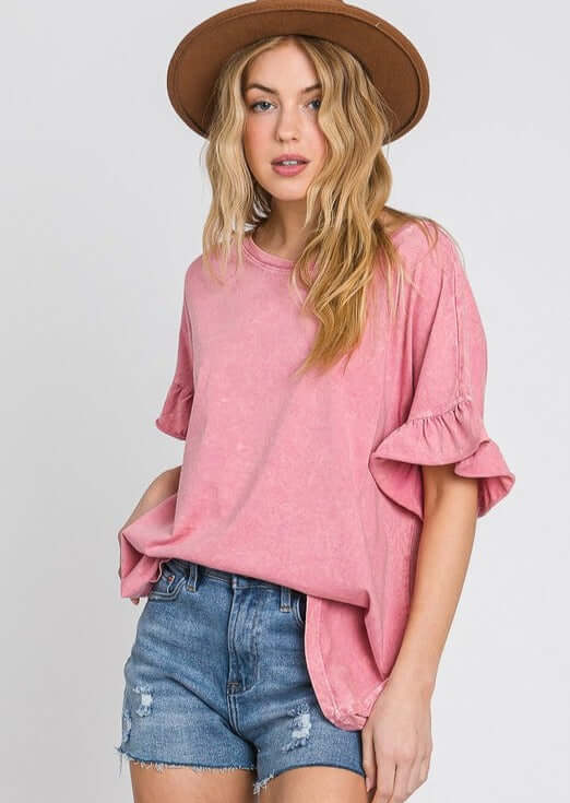 USA Made Premium 100% Cotton Super Soft Mineral Washed Oversized Ladies Tee with   Ruffle Sleeves in Pink | Made in America Clothing Boutique