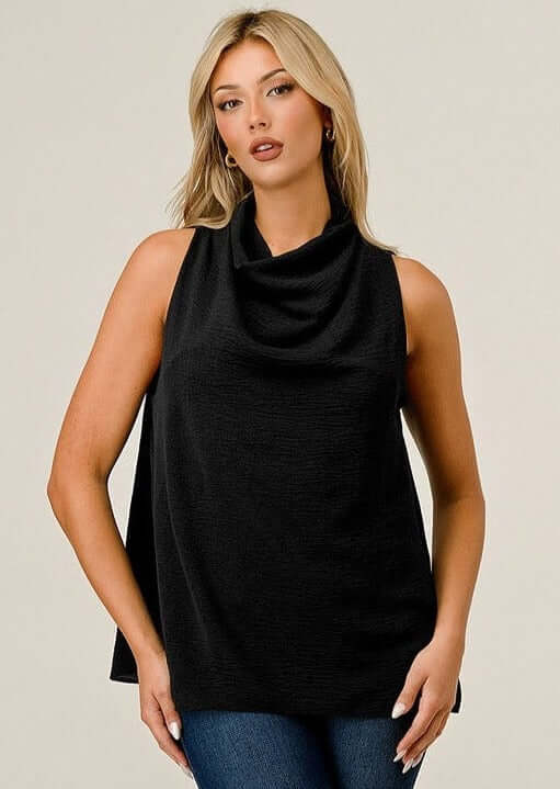 Ladies Black Satin Cowl Neck Sleeveless Jersey Blouse  | Made in USA | Classy Cozy Cool Women&