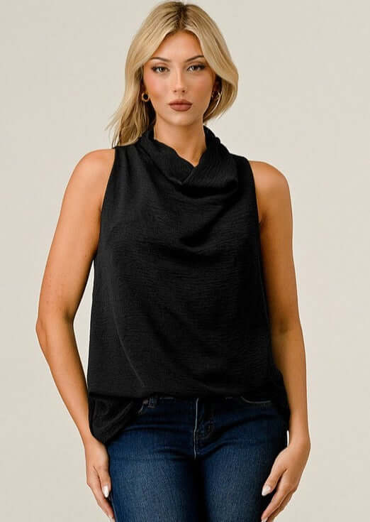 Ladies Black Satin Cowl Neck Sleeveless Jersey Blouse  | Made in USA | Classy Cozy Cool Women&