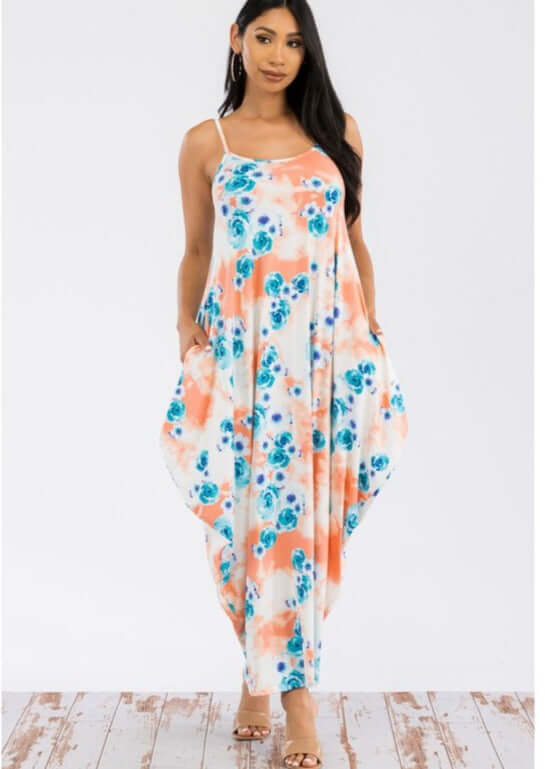 Ladies Floral Tropical Resort Maxi Cami Dress With Pockets in Turquoise &amp; Peach | Made in USA | Classy Cozy Cool Women&