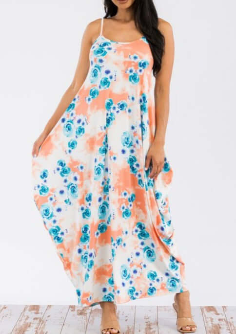 Ladies Floral Tropical Resort Maxi Cami Dress With Pockets in Turquoise &amp; Peach | Made in USA | Classy Cozy Cool Women&