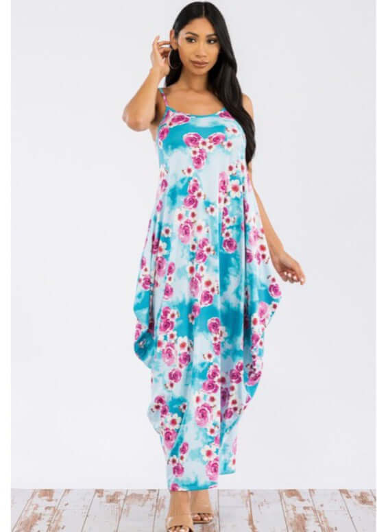 Ladies Floral Tropical Resort Maxi Cami Dress With Pockets in Turquoise &amp; Fuchsia | Made in USA | Classy Cozy Cool Women&
