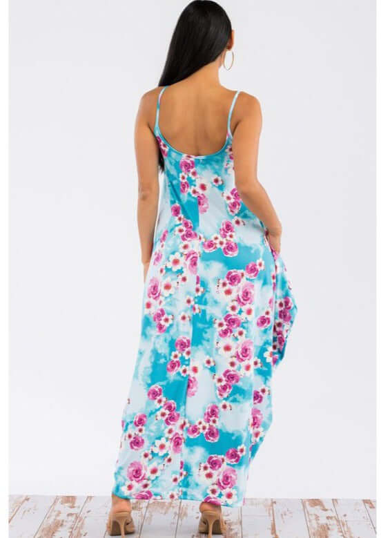 Ladies Floral Tropical Resort Maxi Cami Dress With Pockets in Turquoise &amp; Fuchsia | Made in USA | Classy Cozy Cool Women&